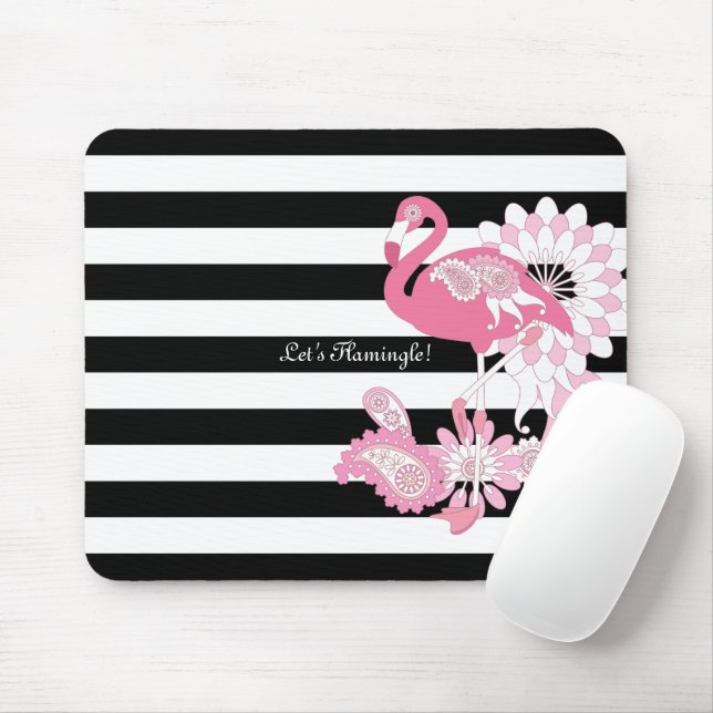 Modern Black and White Stripe Pink Flamingo Mouse Pad (With Mouse)