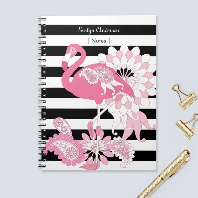 Modern Black and White Stripe Pink Flamingo Notebook (Creator Uploaded)