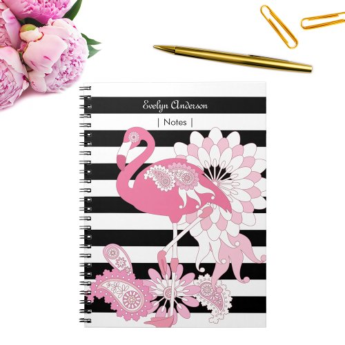 Modern Black and White Stripe Pink Flamingo Notebook