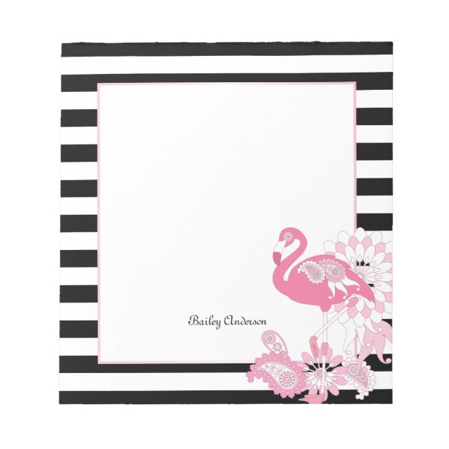 Modern Black and White Stripe Pink Flamingo