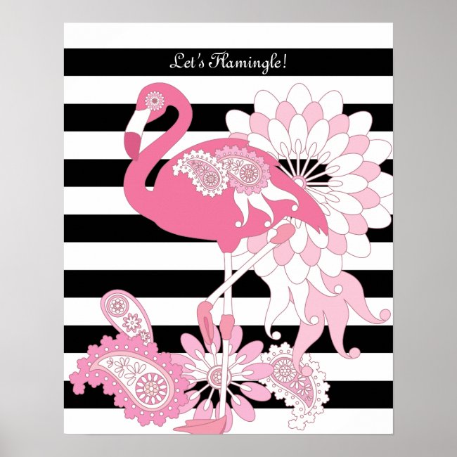 Modern Black and White Stripe Pink Flamingo