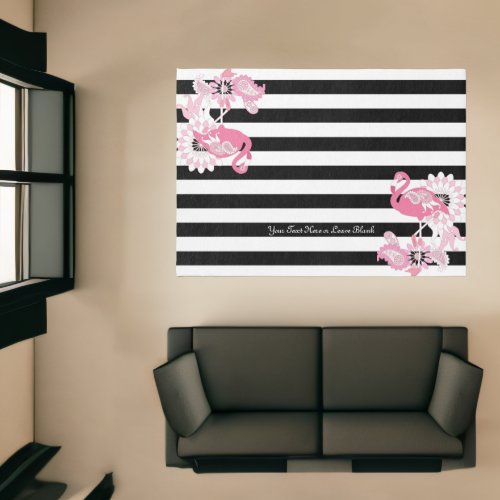 Modern Black and White Stripe Pink Flamingo Rug