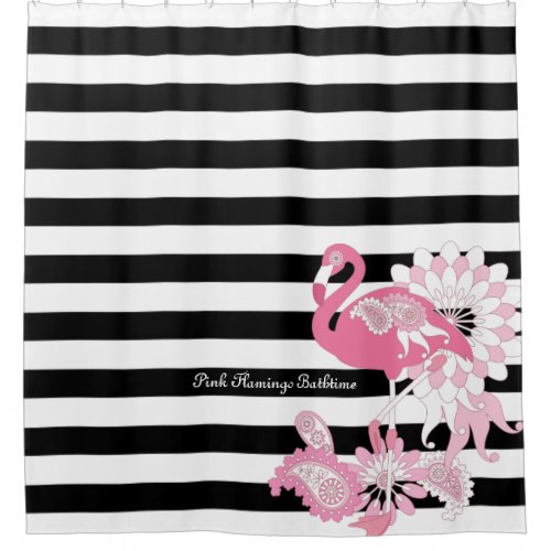 Modern Black and White Stripe Pink Flamingo Shower Curtain