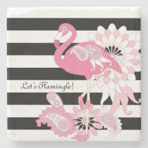 Modern Black and White Stripe Pink Flamingo