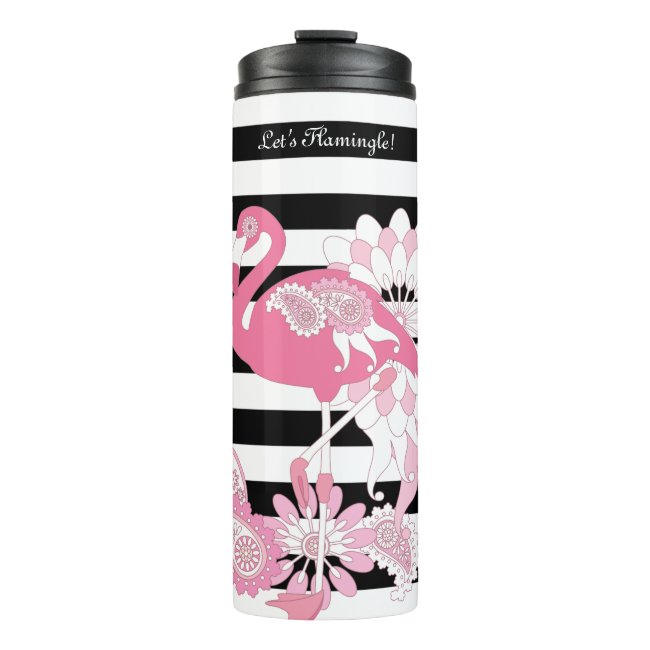 Modern Black and White Stripe Pink Flamingo