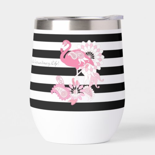 Modern Black and White Stripe Pink Flamingo Thermal Wine Tumbler