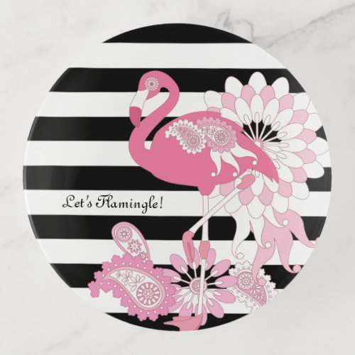 Modern Black and White Stripe Pink Flamingo Trinket Tray