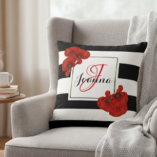 Modern Black and White Stripe Red Poppy Monogram Throw Pillow