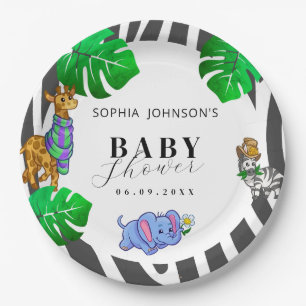 Modern Black and White Stripe Safari Baby Shower Paper Plates