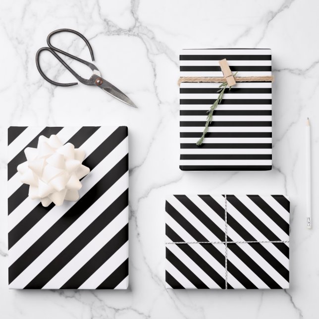 Modern Black and White Stripe Wrapping Paper Sheets (Front)