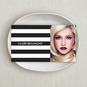 Modern Black And White Striped Black Salon Photo Business Card by sm_business_cards at Zazzle