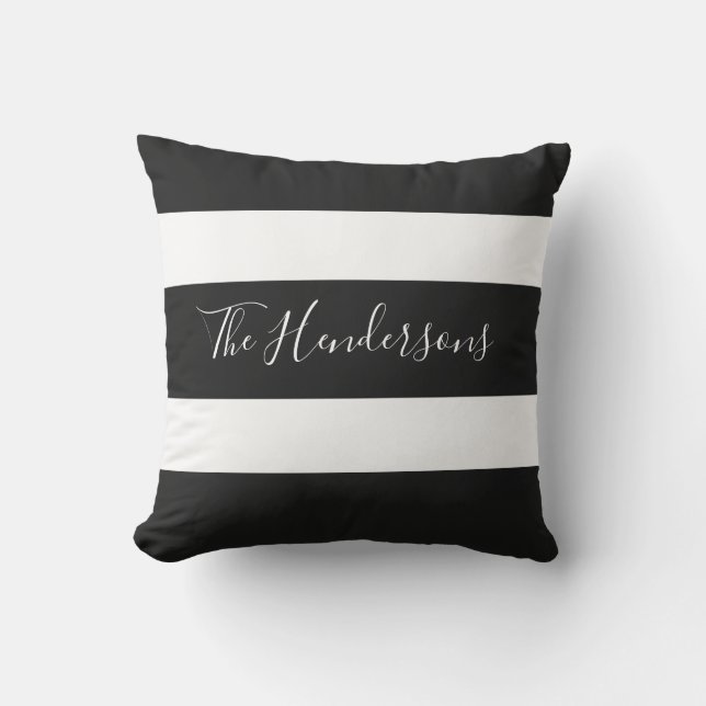 Modern Black and White Striped Family Personalized Outdoor Pillow (Front)