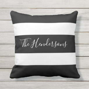 Modern Black and White Striped Family Personalized Outdoor Pillow