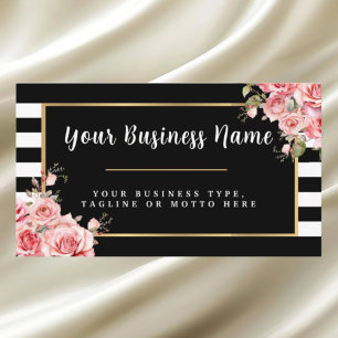 Modern Black and White Striped Floral Business Card