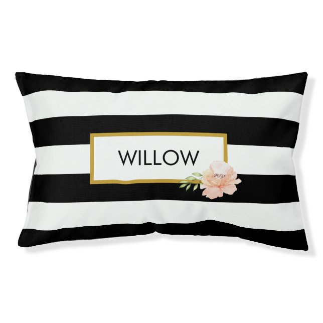 Modern Black and White Striped Floral Pet Bed (Front)