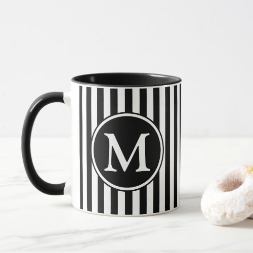 Modern Black And White Striped Monogram Mug