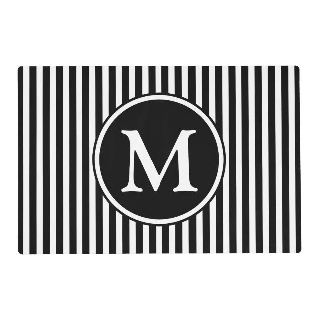 Modern Black And White Striped Monogram Placemat (Front)