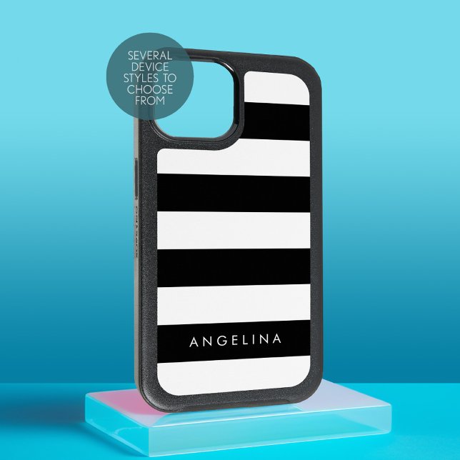 Modern Black and White Striped Pattern Custom Name iPhone 15 Case (Personalized Phone Case with Custom Text)