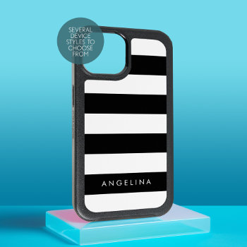 Modern Black And White Striped Pattern Custom Name Iphone 15 Case by icases at Zazzle