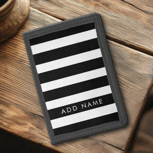 Modern Black and White Striped Pattern Custom Name Tri-fold Wallet