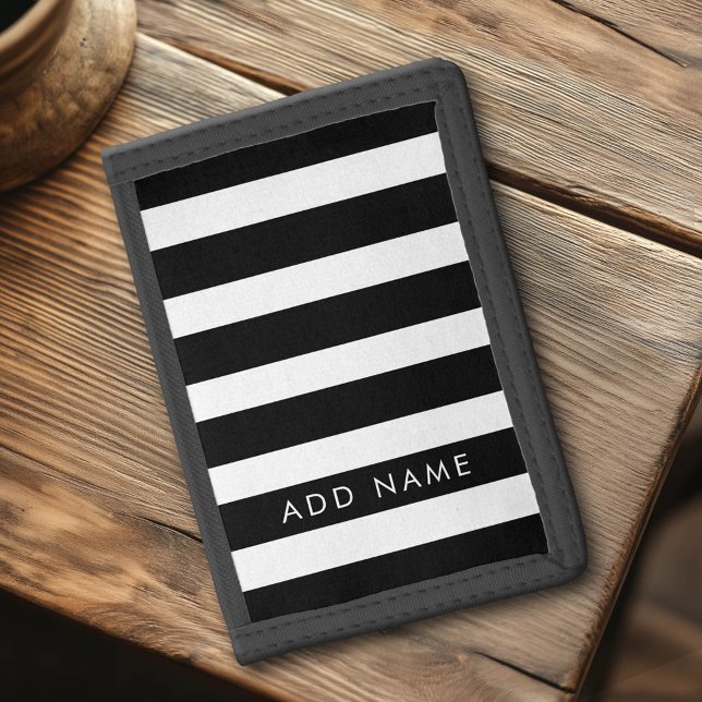 Modern Black and White Striped Pattern Custom Name Tri-fold Wallet (Custom Monogram with a Retro Stripe Pattern on a Tri-Fold Wallet)