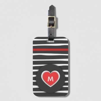Modern Black And White Striped Red Heart Luggage Tag by LouiseBDesigns at Zazzle