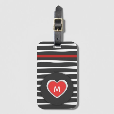 Modern Black And White Striped Red Heart Luggage Tag