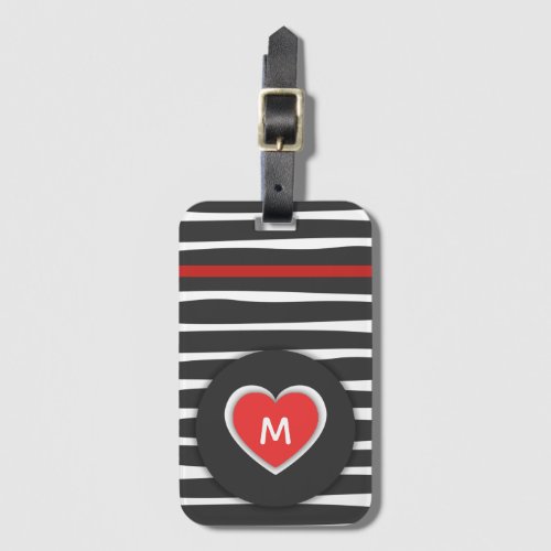 Modern Black and White Striped Red Heart Luggage Tag