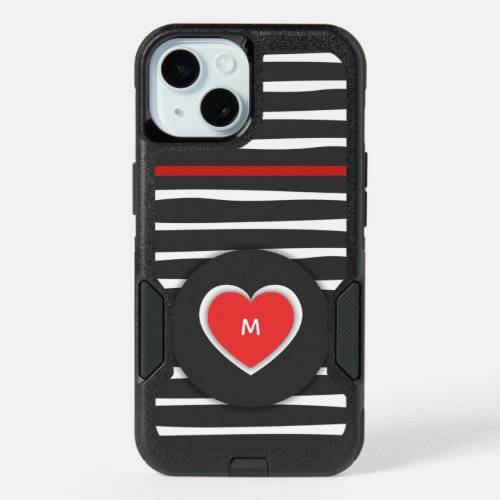 Modern Black and White Striped Red Heart Monogram iPhone 15 Case