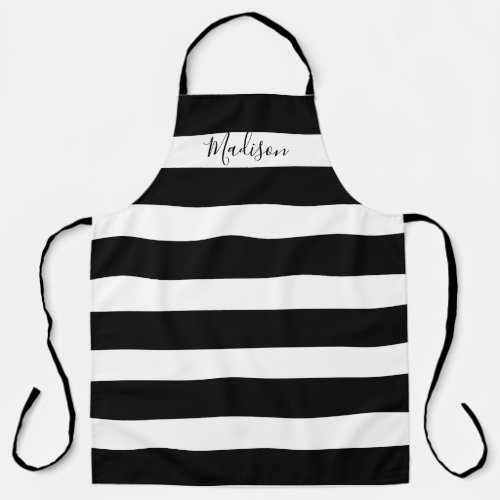 Modern Black and White Striped Script Personalized Apron