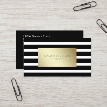 Modern Black And White Striped With Gold Business Card by Ricaso_Intros at Zazzle