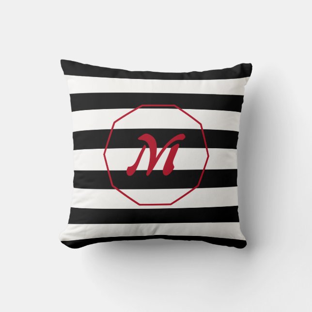 Modern black and white striped with Monogram Throw Pillow (Front)