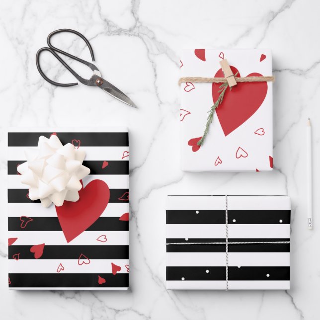 Modern Black and White Stripes and Red  Hearts Wrapping Paper Sheets (Front)