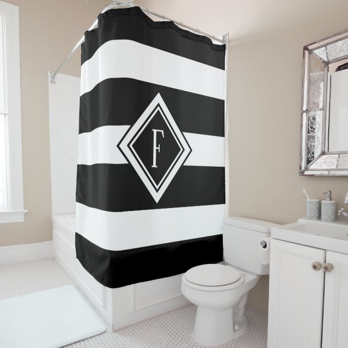 Modern Black And White Stripes Bordered Monogram Shower Curtain