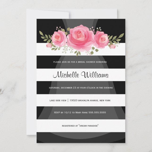 Modern black and white stripes bridal shower invitation (Front)