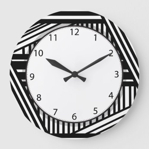 Modern Black and White Stripes Crosshatch Large Clock