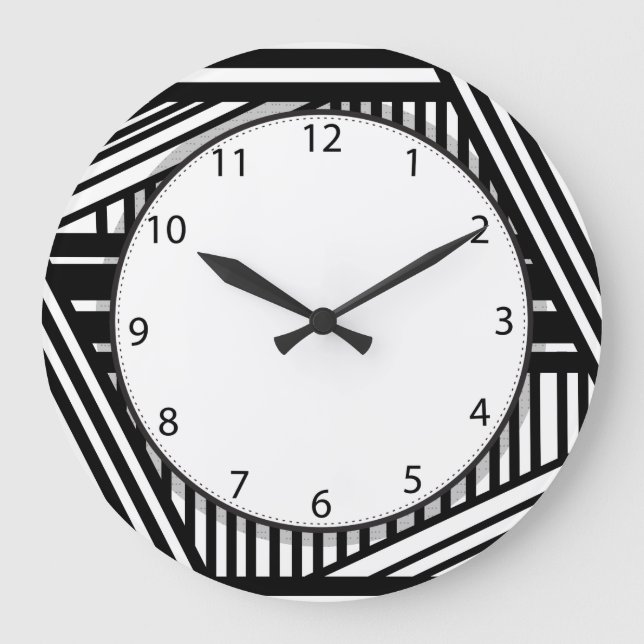 Modern Black and White Stripes Crosshatch Large Clock (Front)