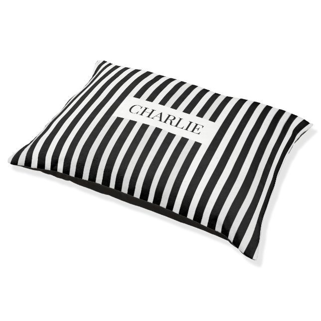 Modern Black and White Stripes Elegant Dog Name Pet Bed (Angled)