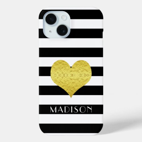 Modern Black And White Stripes Gold Heart Name iPhone 15 Case
