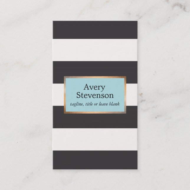 Modern Black and White Stripes Gold Lined Plaque Business Card (Front)