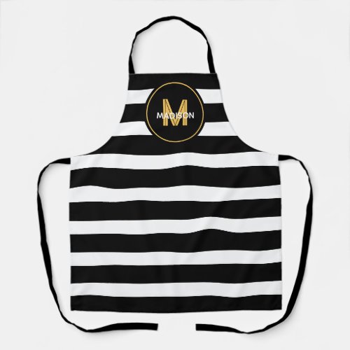 Modern Black And White Stripes Gold Monogram Apron