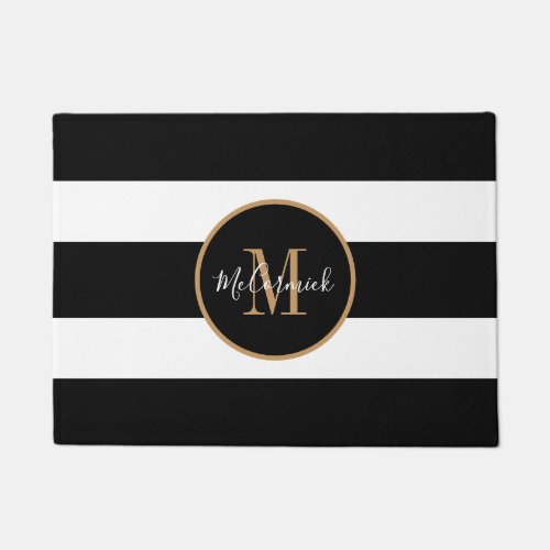 Modern Black And White Stripes Gold Monogram  Doormat