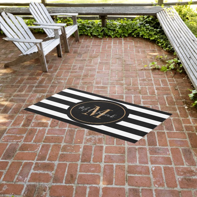 Modern Black And White Stripes Gold Monogram Outdoor Rug (Insitu (Outdoor 3))