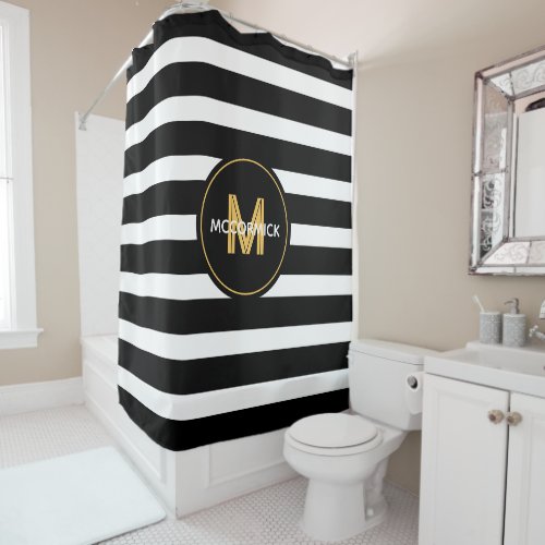 Modern Black And White Stripes Gold Monogram Shower Curtain