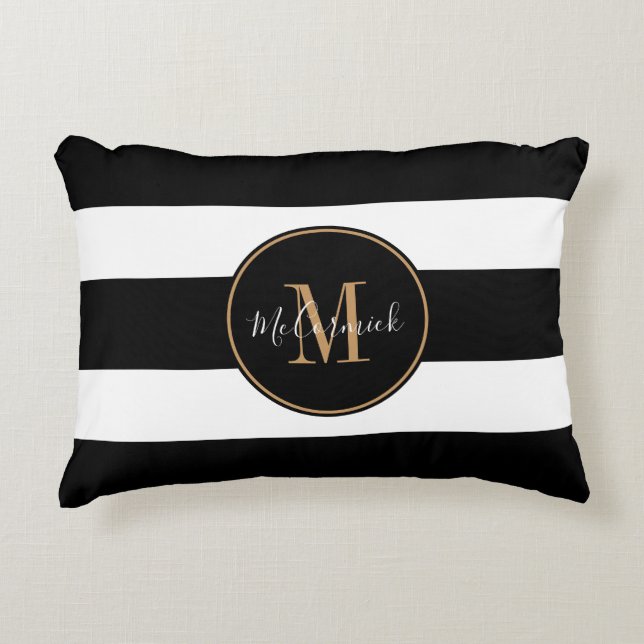 Modern Black And White Stripes Gold Personalized Accent Pillow (Front)