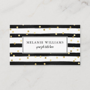 Modern Black and White Stripes Gold Polka Dots Business Card