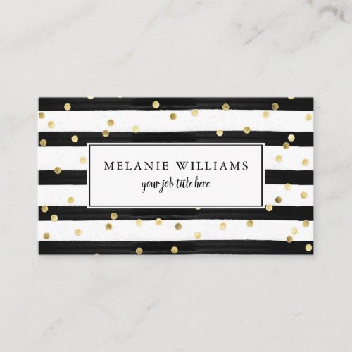 Modern Black and White Stripes Gold Polka Dots Business Card
