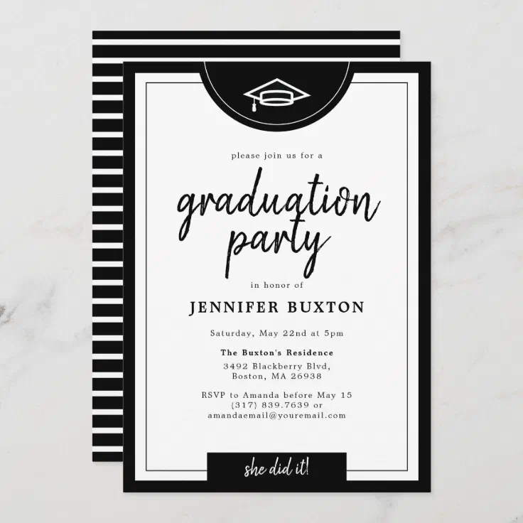 Modern Black and White Stripes Graduation Party Invitation | Zazzle