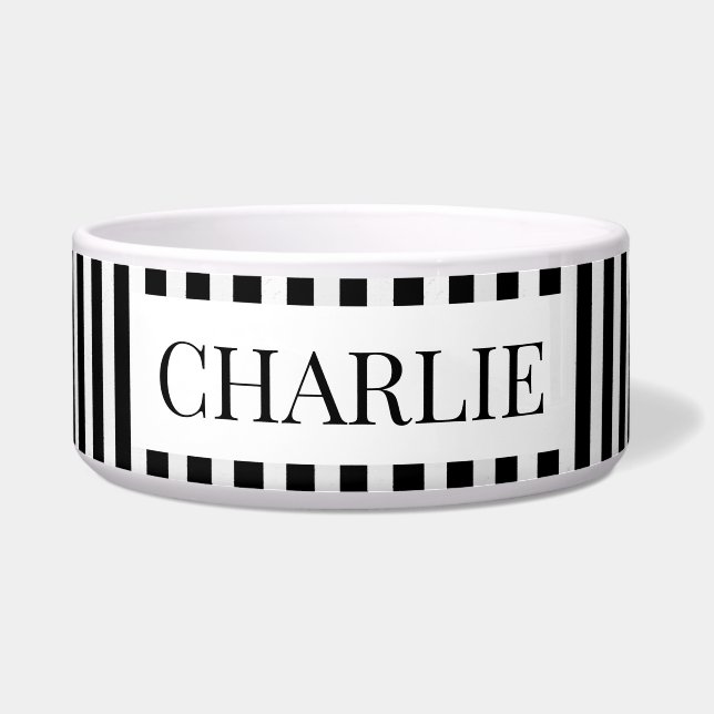 Modern Black and White Stripes Minimal Dog Pet Bowl (Front)