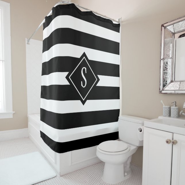 Modern Black And White Stripes Monogram Initial Shower Curtain (In Situ)